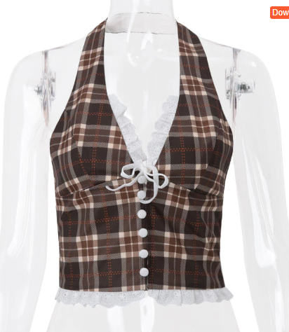 vintage plaid lace up corset crop top for women